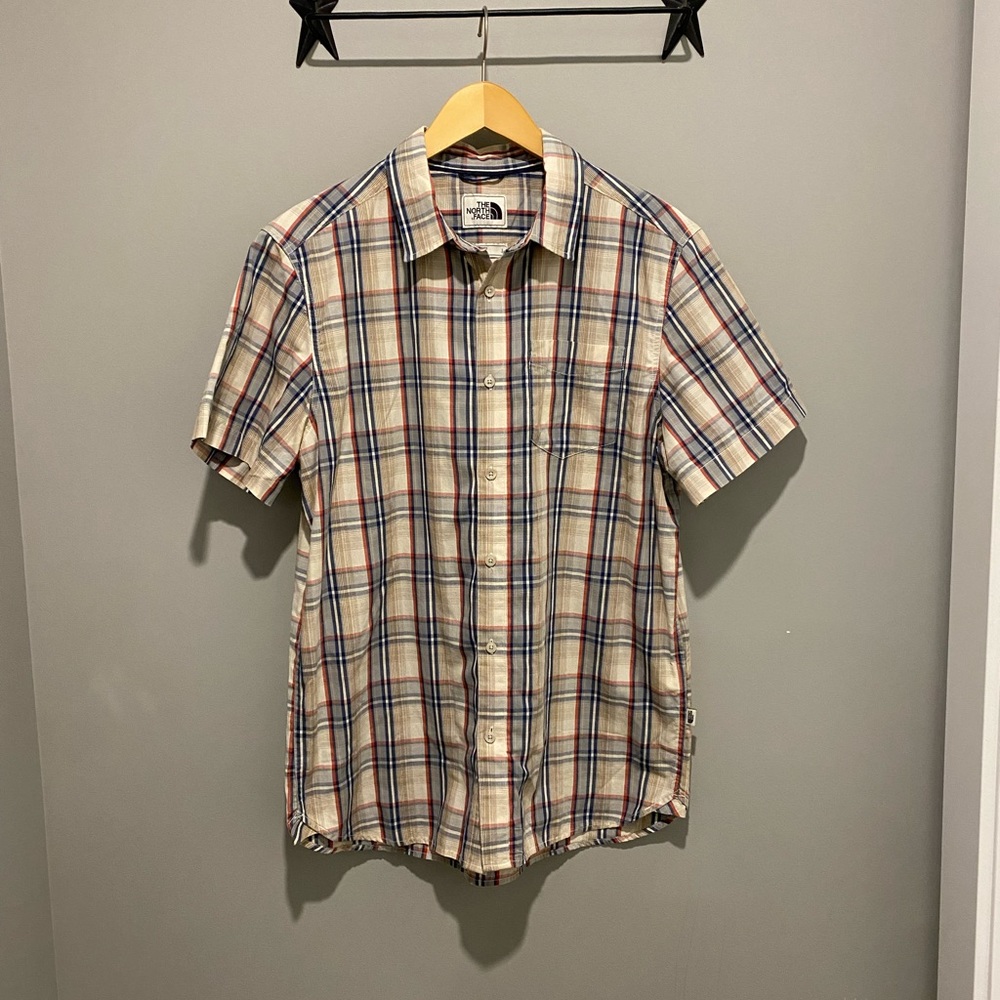 NORTH FACE Windowpane Plaid SS Button Up Shirt - Mens L, Cotton/Poly